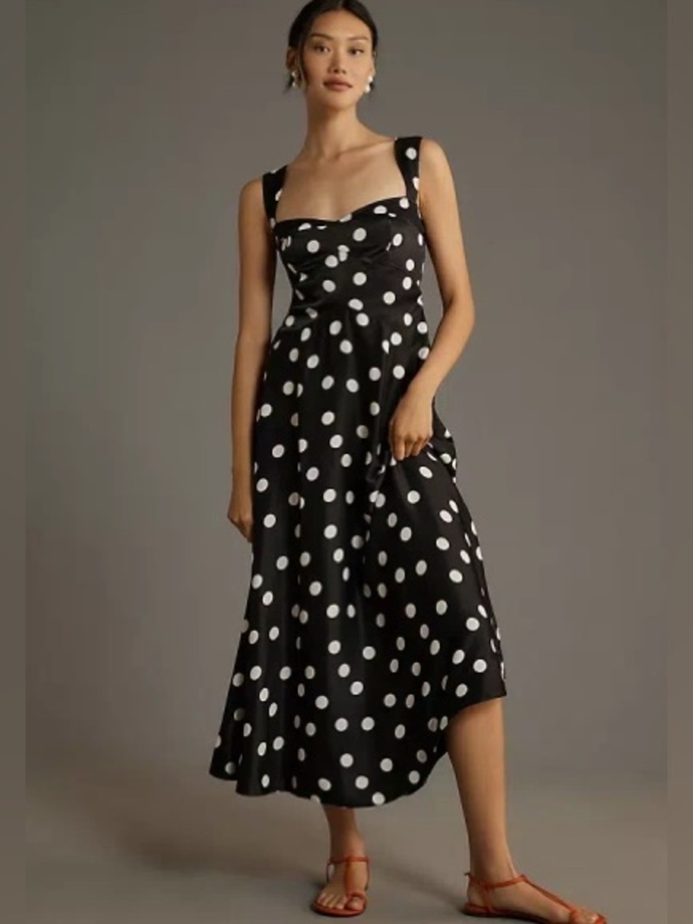 Maeve Polka Dot Sleeveless Satin Seamed Slip Dress Black White Size XS Classic